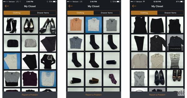 DUFLアプリの利用イメージ。預けた衣類などを選ぶ